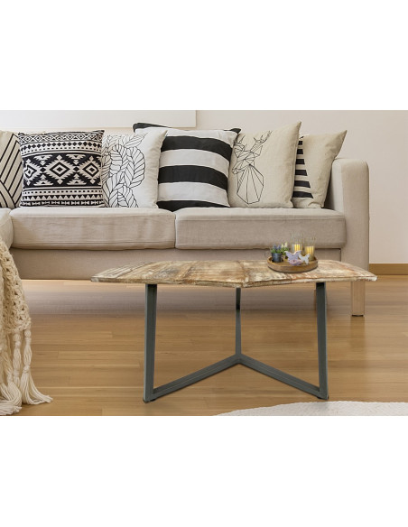 Table basse moderne Hexagonale en Métal Gris Bois de manguier massif Marron blanchi Vieilli Rynlex - 2