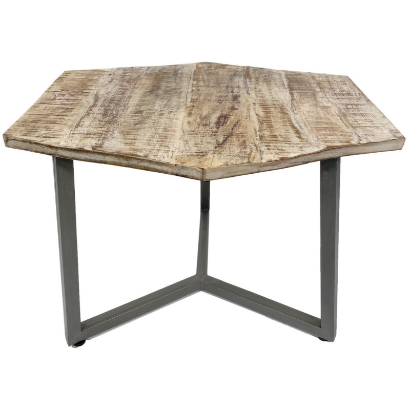 Table basse moderne Hexagonale en Métal Gris Bois de manguier massif Marron blanchi Vieilli Rynlex - 3