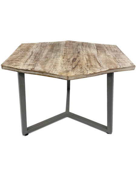 Table basse moderne Hexagonale en Métal Gris Bois de manguier massif Marron blanchi Vieilli Rynlex - 3