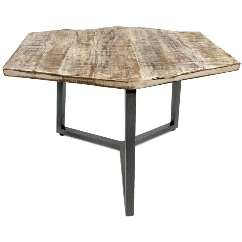 Table basse moderne Hexagonale en Métal Gris Bois de manguier massif Marron blanchi Vieilli Rynlex - 4