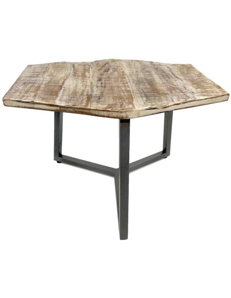 Table basse moderne Hexagonale en Métal Gris Bois de manguier massif Marron blanchi Vieilli Rynlex - 4