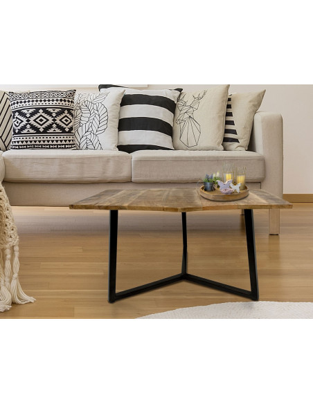 Table basse moderne Hexagonale en Métal Noir Bois de manguier massif Marron tabac Vieilli Rynlex - 2