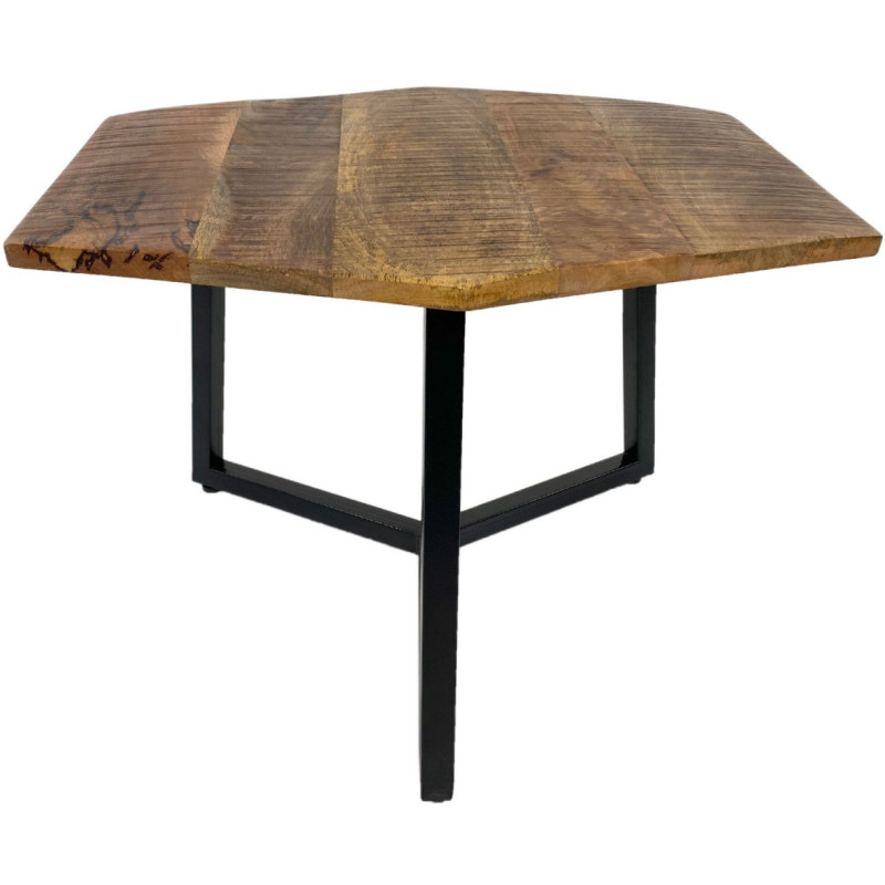 Table basse moderne Hexagonale en Métal Noir Bois de manguier massif Marron tabac Vieilli Rynlex - 3