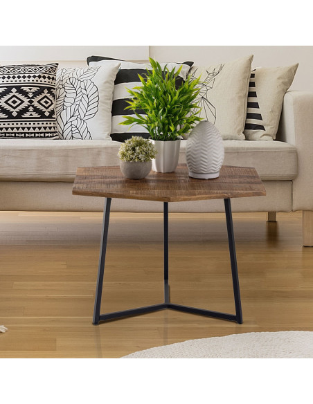 Petite Table basse moderne Hexagonale en Métal Noir Bois de manguier massif Marron tabac Vieilli Hylian - 2