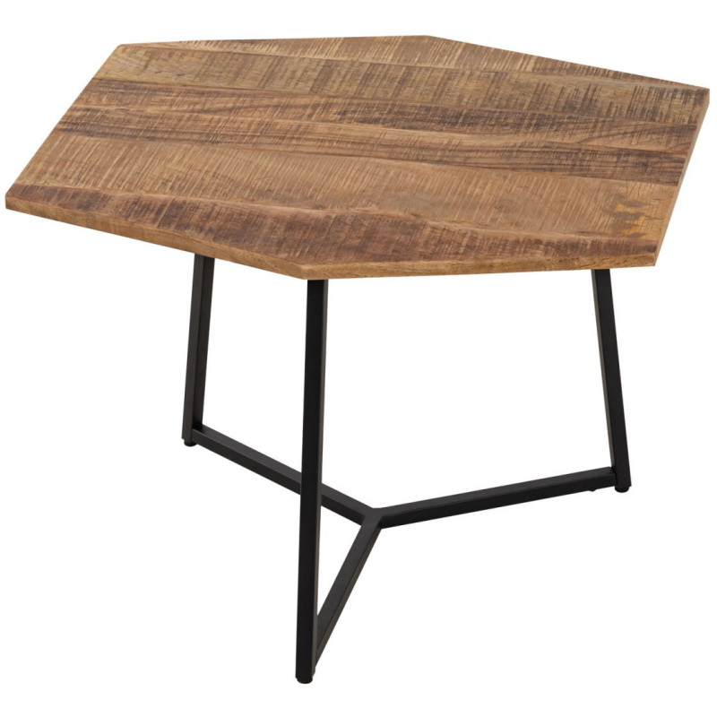 Petite Table basse moderne Hexagonale en Métal Noir Bois de manguier massif Marron tabac Vieilli Hylian - 3