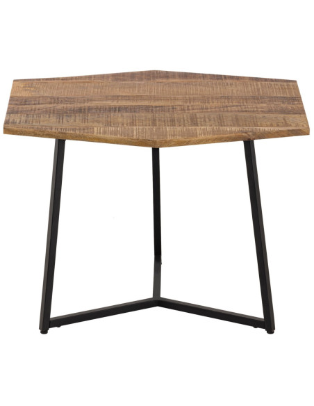 Petite Table basse moderne Hexagonale en Métal Noir Bois de manguier massif Marron tabac Vieilli Hylian - 1