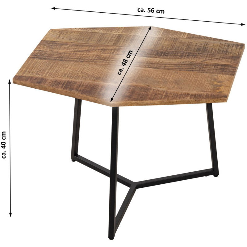 Petite Table basse moderne Hexagonale en Métal Noir Bois de manguier massif Marron tabac Vieilli Hylian - 8