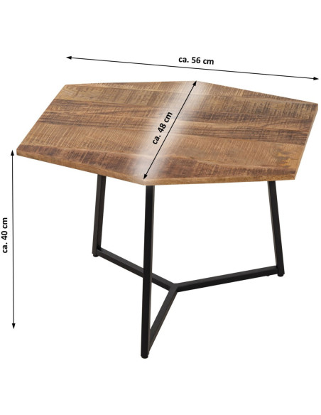 Petite Table basse moderne Hexagonale en Métal Noir Bois de manguier massif Marron tabac Vieilli Hylian - 8