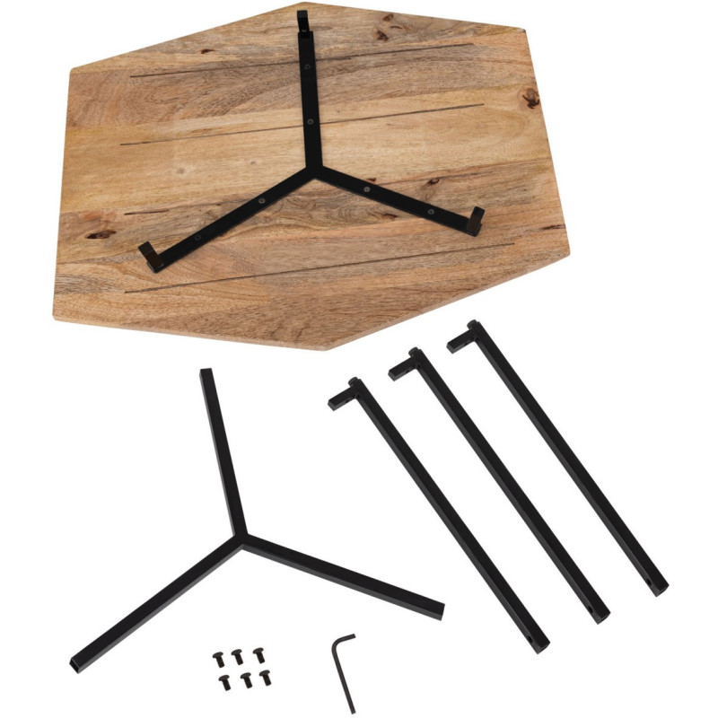 Petite Table basse moderne Hexagonale en Métal Noir Bois de manguier massif Marron tabac Vieilli Hylian - 7
