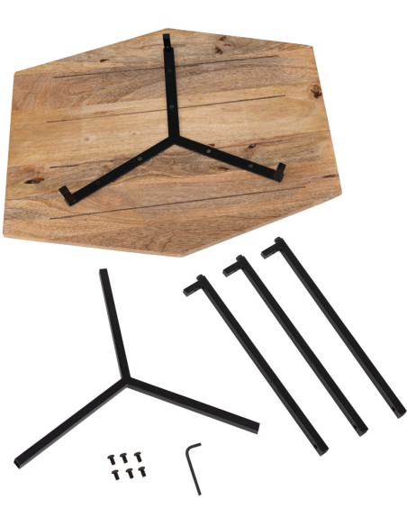 Petite Table basse moderne Hexagonale en Métal Noir Bois de manguier massif Marron tabac Vieilli Hylian - 7