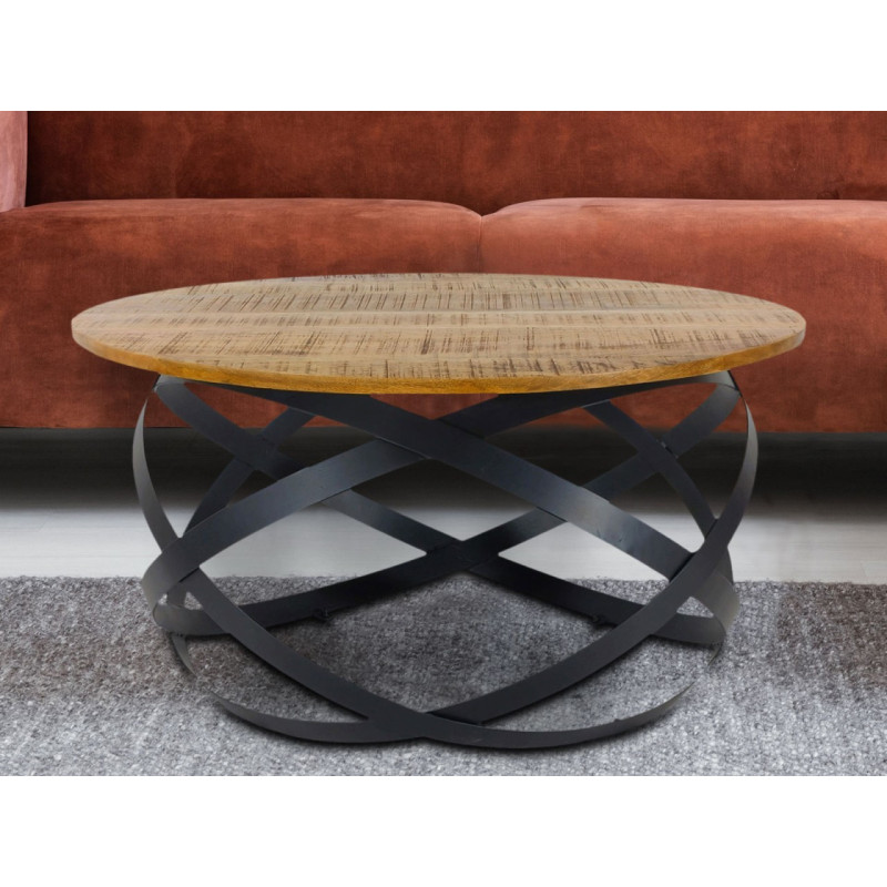 Grande Table basse industrielle Ronde en Bois de manguier recyclé Naturel Métal Noir Lorwyn - 2