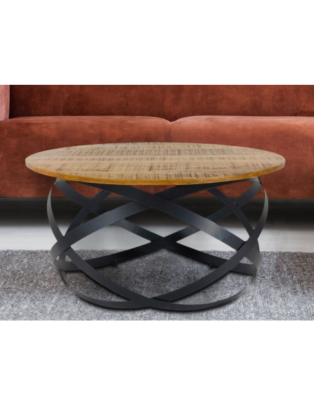 Grande Table basse industrielle Ronde en Bois de manguier recyclé Naturel Métal Noir Lorwyn - 2