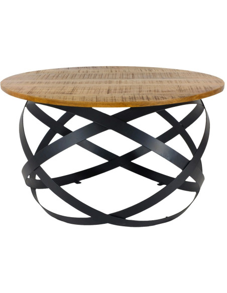 Grande Table basse industrielle Ronde en Bois de manguier recyclé Naturel Métal Noir Lorwyn - 1