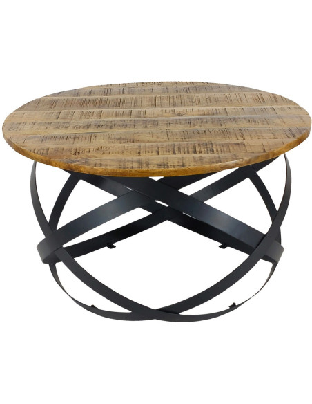 Grande Table basse industrielle Ronde en Bois de manguier recyclé Naturel Métal Noir Lorwyn - 3