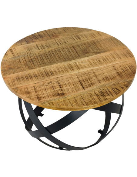 Grande Table basse industrielle Ronde en Bois de manguier recyclé Naturel Métal Noir Lorwyn - 4