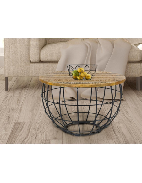 Table basse moderne Ronde en Bois de manguier massif Marron tabac Métal Noir Melyra - 2