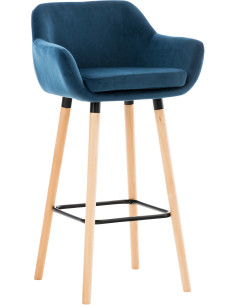 Tabouret de bar scandinave en Velours Bleu Bois de hêtre Naturel Norvyn - 1