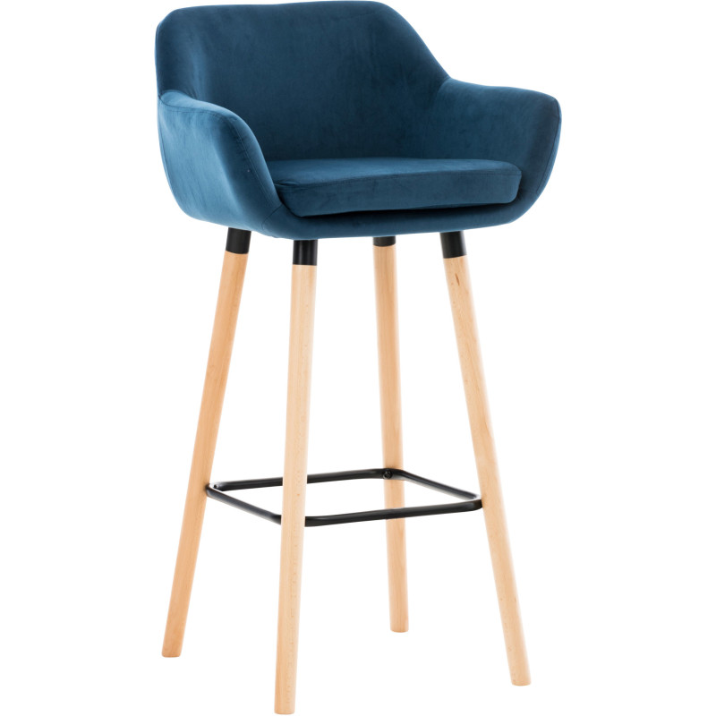 Tabouret de bar scandinave en Velours Bleu Bois de hêtre Naturel Norvyn - 1