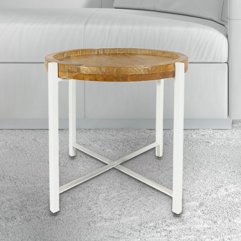 Table d'appoint industrielle Ronde en Bois de manguier recyclé Marron Métal Blanc Rynlox - 2