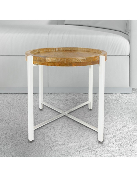 Table d'appoint industrielle Ronde en Bois de manguier recyclé Marron Métal Blanc Rynlox - 2