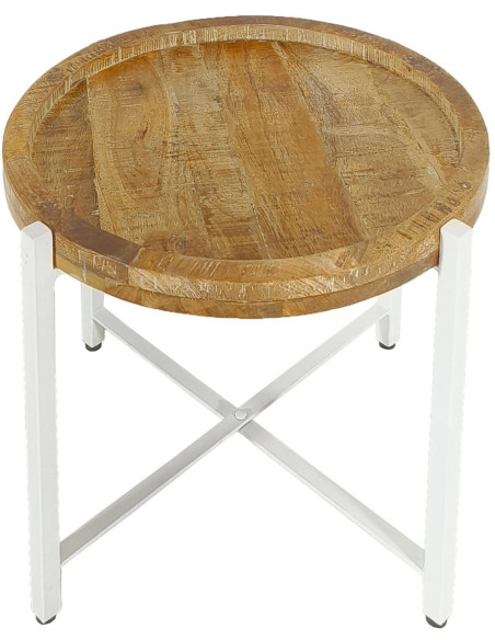 Table d'appoint industrielle Ronde en Bois de manguier recyclé Marron Métal Blanc Rynlox - 5
