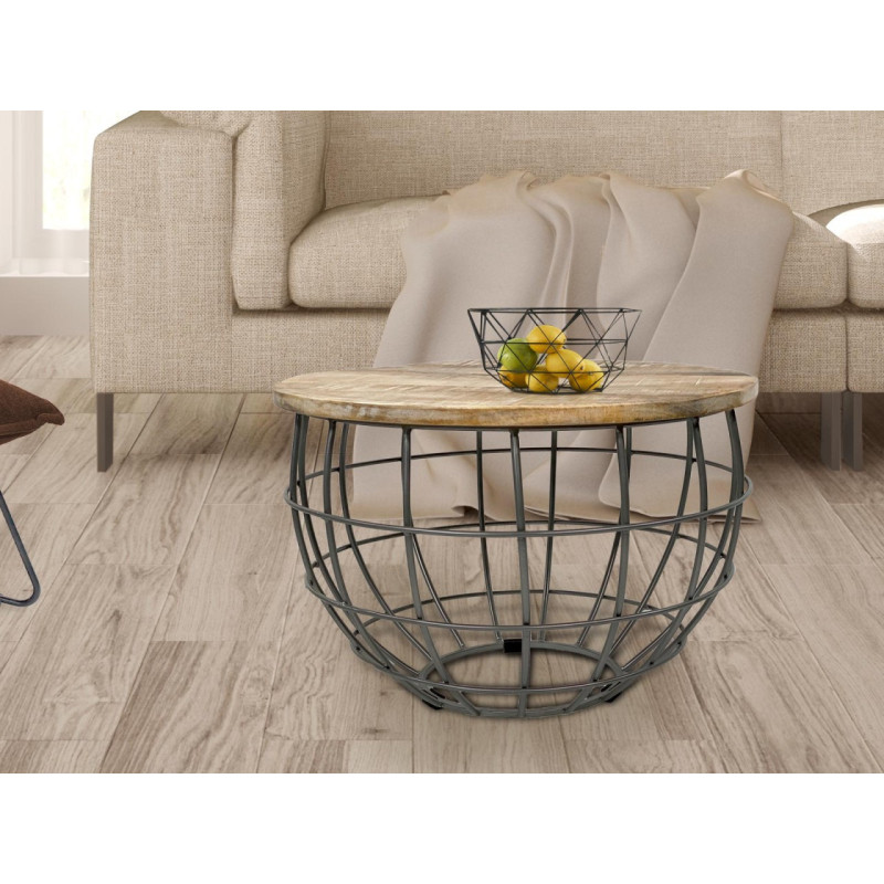 Table basse moderne Ronde en Bois de manguier massif Marron blanchi Métal Gris Melyra - 2