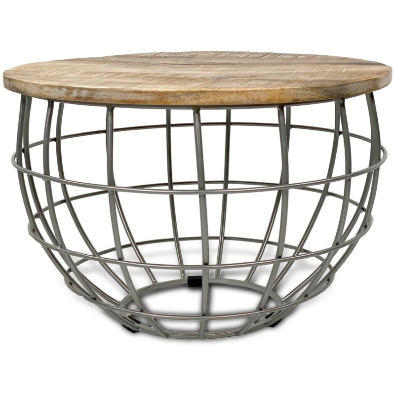 Table basse moderne Ronde en Bois de manguier massif Marron blanchi Métal Gris Melyra - 1