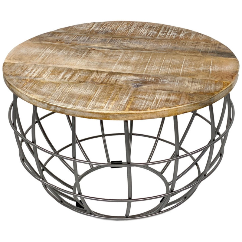 Table basse moderne Ronde en Bois de manguier massif Marron blanchi Métal Gris Melyra - 3