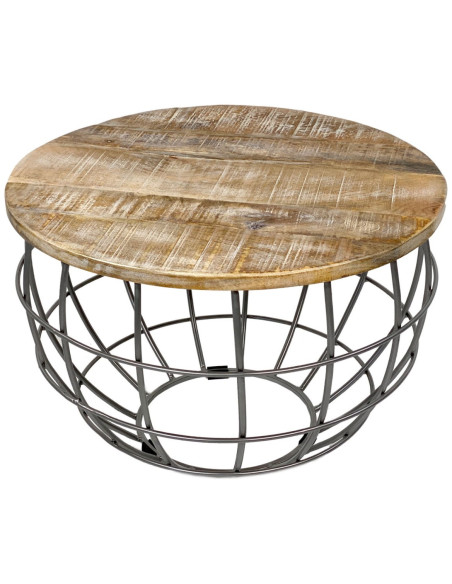 Table basse moderne Ronde en Bois de manguier massif Marron blanchi Métal Gris Melyra - 3