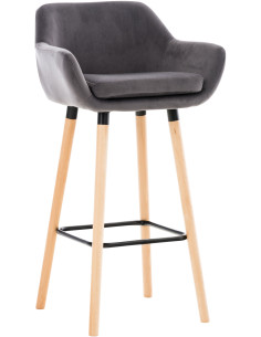 Tabouret de bar scandinave en Velours Gris Bois de hêtre Naturel Norvyn - 1