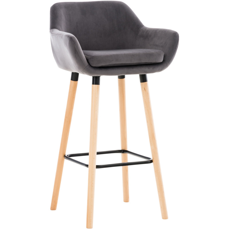 Tabouret de bar scandinave en Velours Gris Bois de hêtre Naturel Norvyn - 1