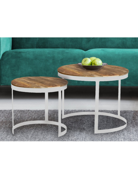 Table basse Gigogne moderne Ronde en Bois de manguier massif Marron tabac Métal Blanc Jarvis - 2
