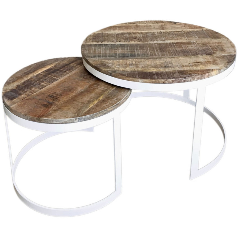 Table basse Gigogne moderne Ronde en Bois de manguier massif Marron tabac Métal Blanc Jarvis - 1