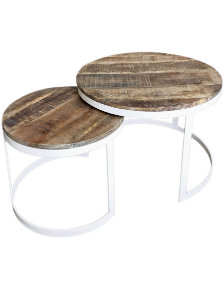 Table basse Gigogne moderne Ronde en Bois de manguier massif Marron tabac Métal Blanc Jarvis - 1