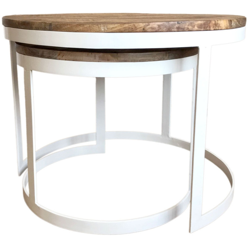 Table basse Gigogne moderne Ronde en Bois de manguier massif Marron tabac Métal Blanc Jarvis - 3