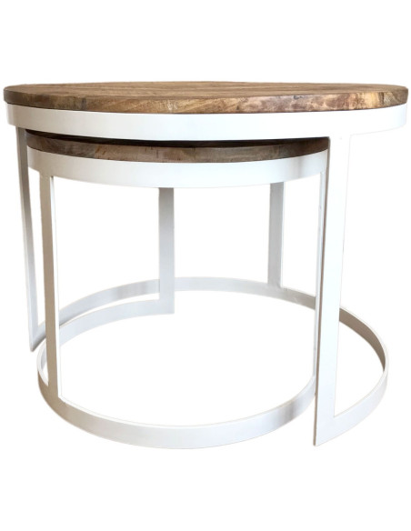 Table basse Gigogne moderne Ronde en Bois de manguier massif Marron tabac Métal Blanc Jarvis - 3
