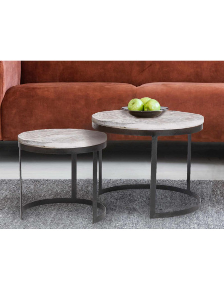 Table basse Gigogne moderne Ronde en Bois de manguier massif Marron blanchi Métal Noir Jarvis - 2