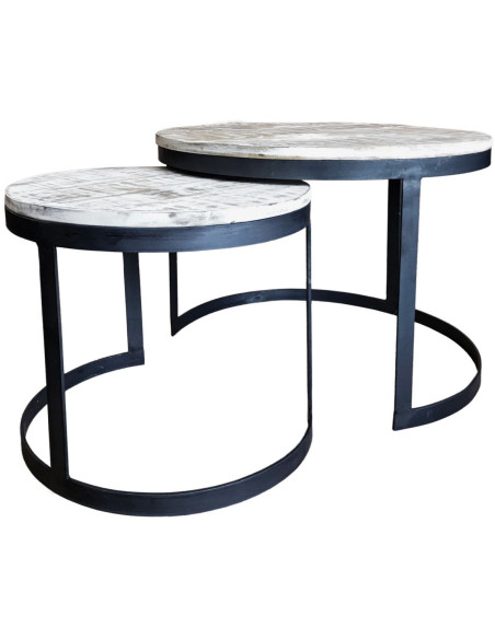 Table basse Gigogne moderne Ronde en Bois de manguier massif Marron blanchi Métal Noir Jarvis - 3