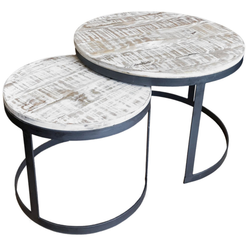 Table basse Gigogne moderne Ronde en Bois de manguier massif Marron blanchi Métal Noir Jarvis - 1