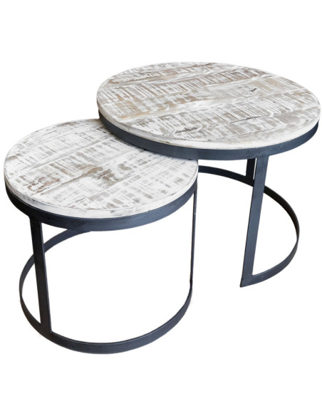 Table basse Gigogne moderne Ronde en Bois de manguier massif Marron blanchi Métal Noir Jarvis - 1