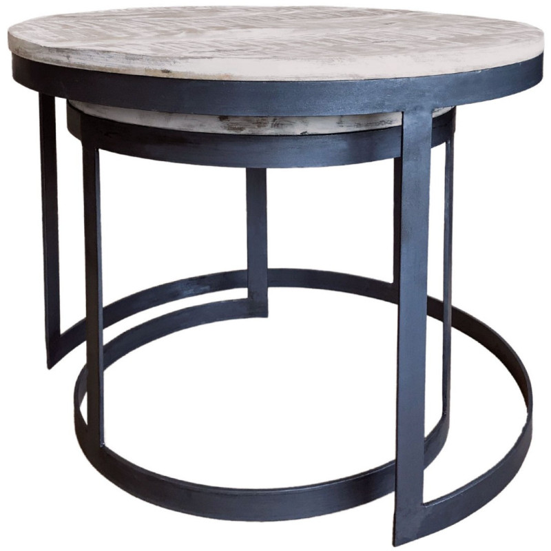 Table basse Gigogne moderne Ronde en Bois de manguier massif Marron blanchi Métal Noir Jarvis - 4