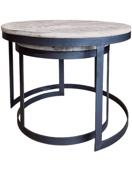 Table basse Gigogne moderne Ronde en Bois de manguier massif Marron blanchi Métal Noir Jarvis - 4
