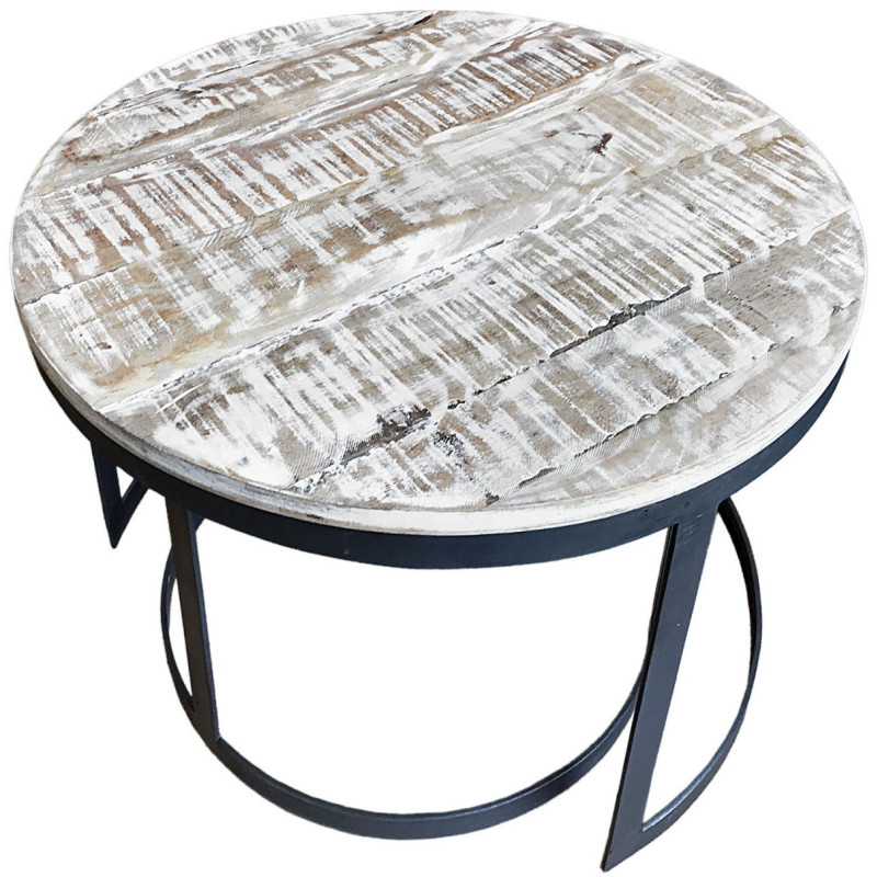 Table basse Gigogne moderne Ronde en Bois de manguier massif Marron blanchi Métal Noir Jarvis - 5