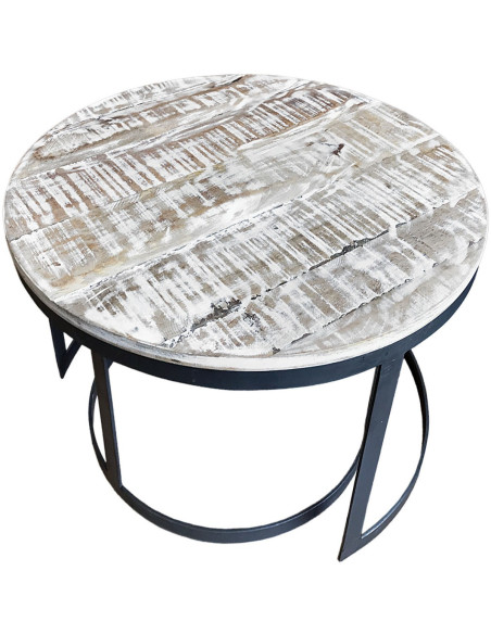 Table basse Gigogne moderne Ronde en Bois de manguier massif Marron blanchi Métal Noir Jarvis - 5
