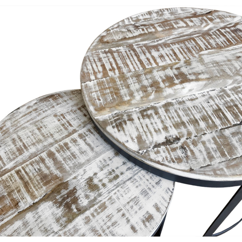 Table basse Gigogne moderne Ronde en Bois de manguier massif Marron blanchi Métal Noir Jarvis - 6