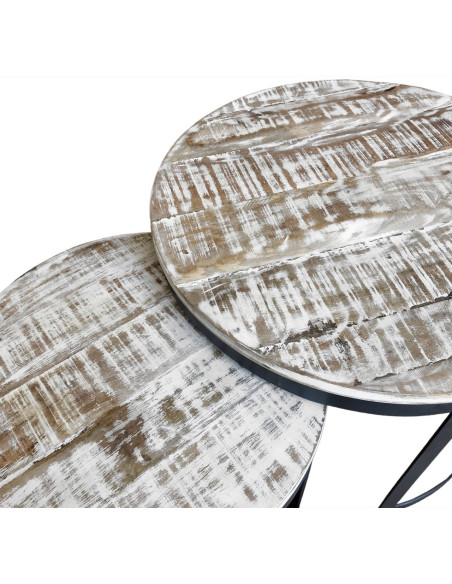 Table basse Gigogne moderne Ronde en Bois de manguier massif Marron blanchi Métal Noir Jarvis - 6