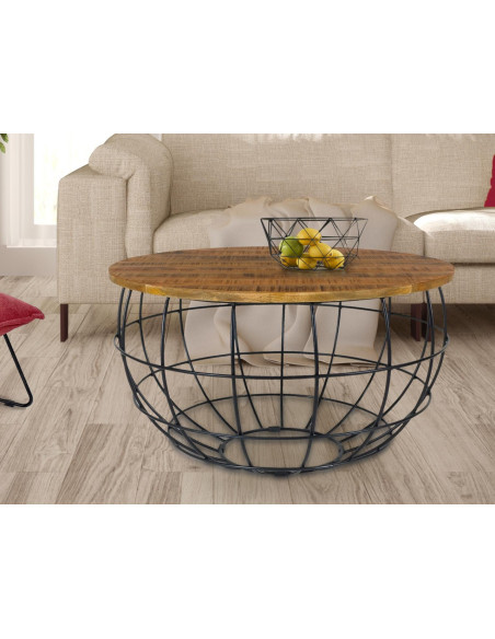 Table basse moderne Ronde en Bois de manguier massif Marron Métal Noir Velron - 2