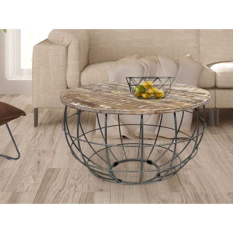 Table basse moderne Ronde en Bois de manguier massif Marron blanchi Métal Gris Velron - 2