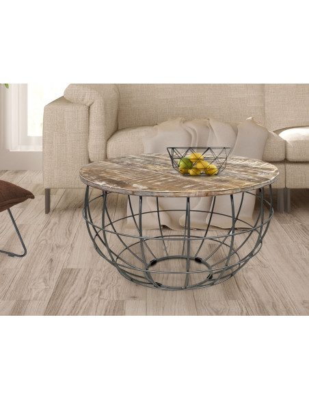 Table basse moderne Ronde en Bois de manguier massif Marron blanchi Métal Gris Velron - 2