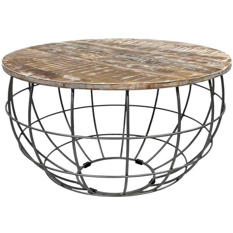 Table basse moderne Ronde en Bois de manguier massif Marron blanchi Métal Gris Velron - 1